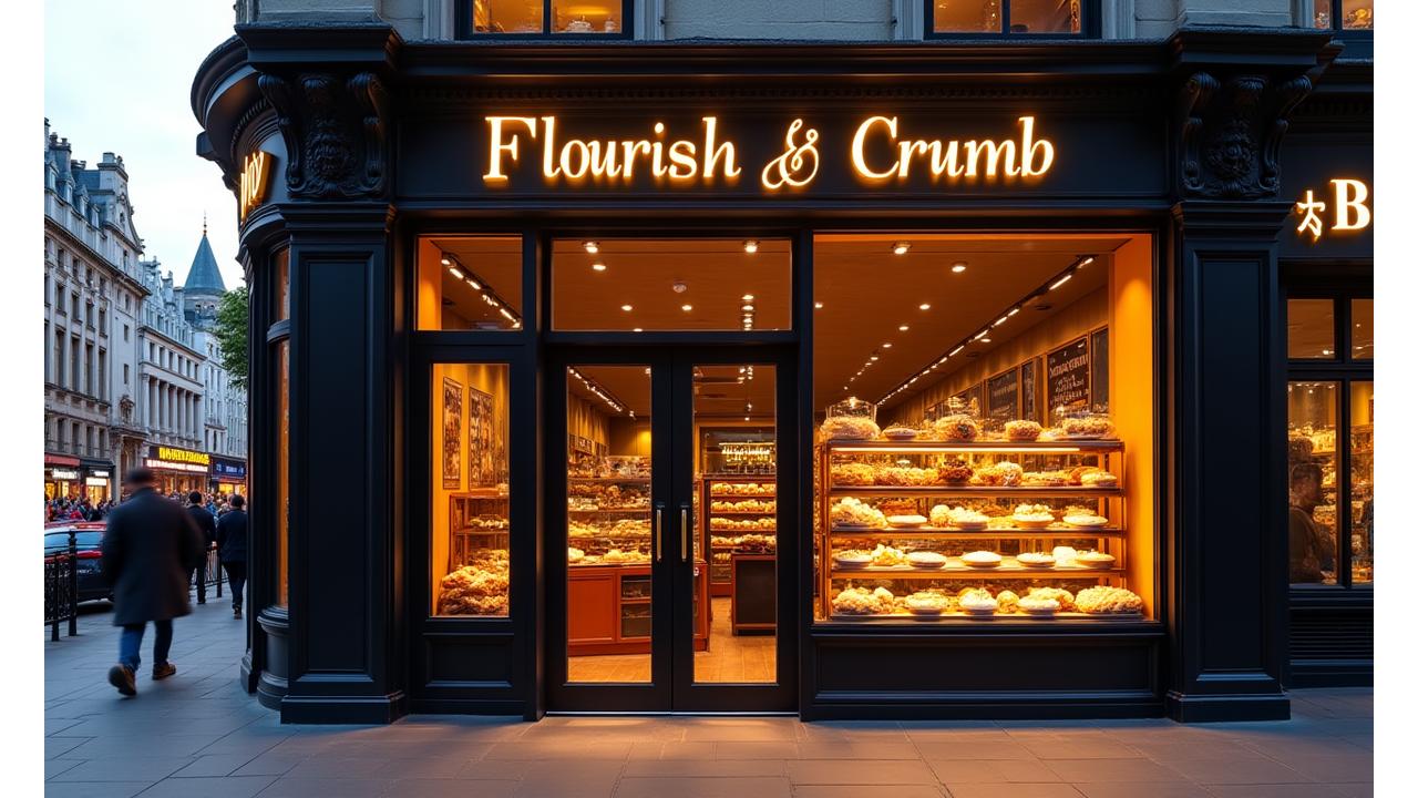 Elegant storefront of Flourish & Crumb bakery on a bustling London street near Piccadilly Circus, with warm lighting emanating from inside.