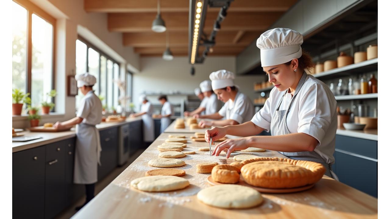 Bright, modern bakery interior with a clear view into a clean, well-organized open kitchen where bakers are actively working.