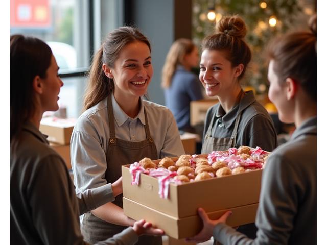 Bakery staff delivering boxes of fresh baked goods to a local charity organization.