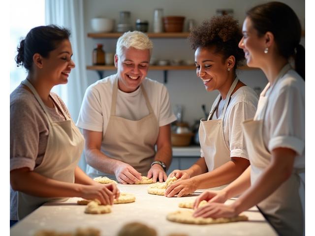 A small group of diverse adults happily learning to bake bread during a class.