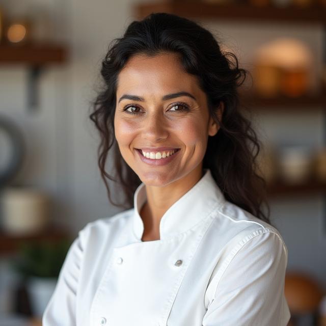 Portrait of Anya Sharma, Head Baker, smiling confidently in bakery attire.