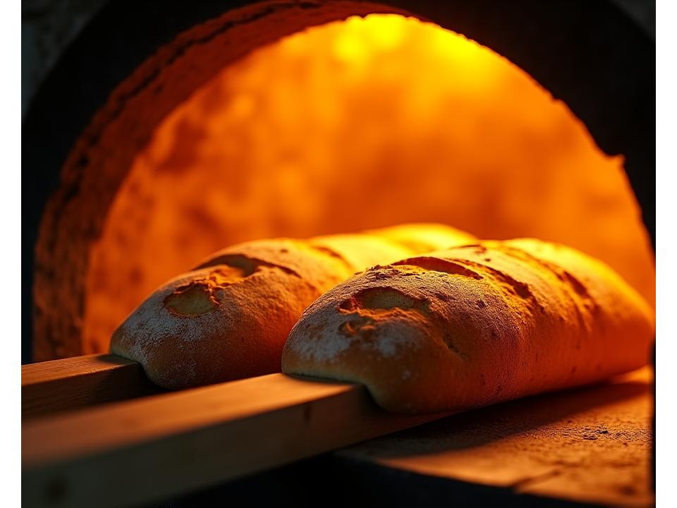 Freshly baked artisan bread emerging from a hot stone oven, golden brown