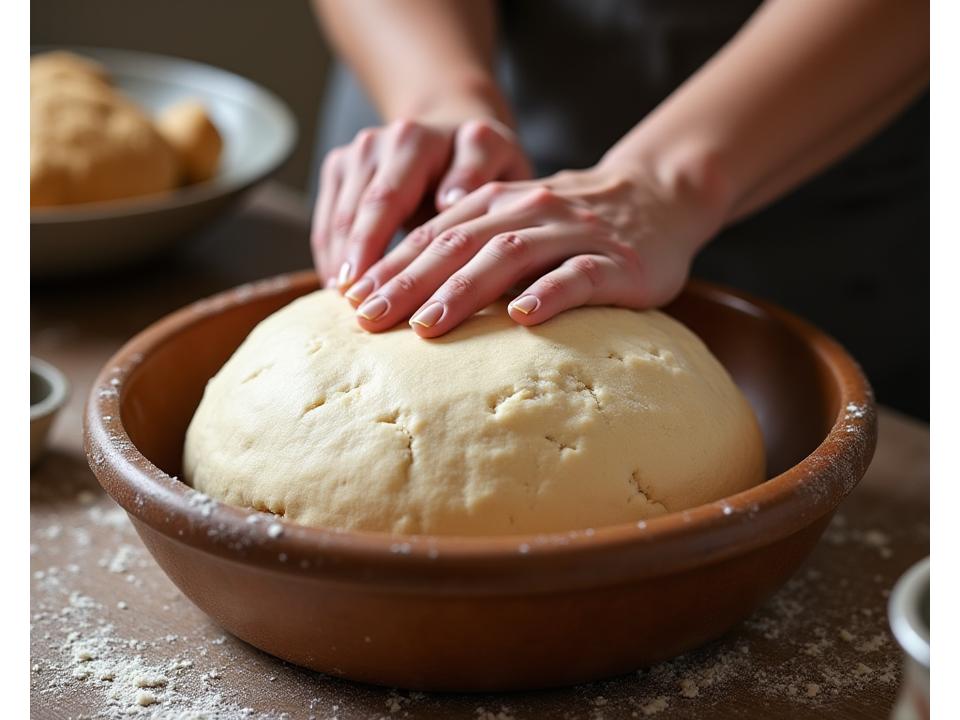 Baker's hands gently folding artisan bread dough in a large bowl