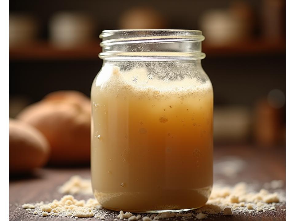 Close-up of bubbling sourdough starter in a glass jar