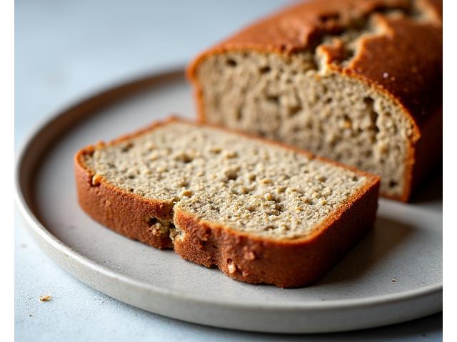 A slice of gluten-free quinoa loaf on a ceramic plate