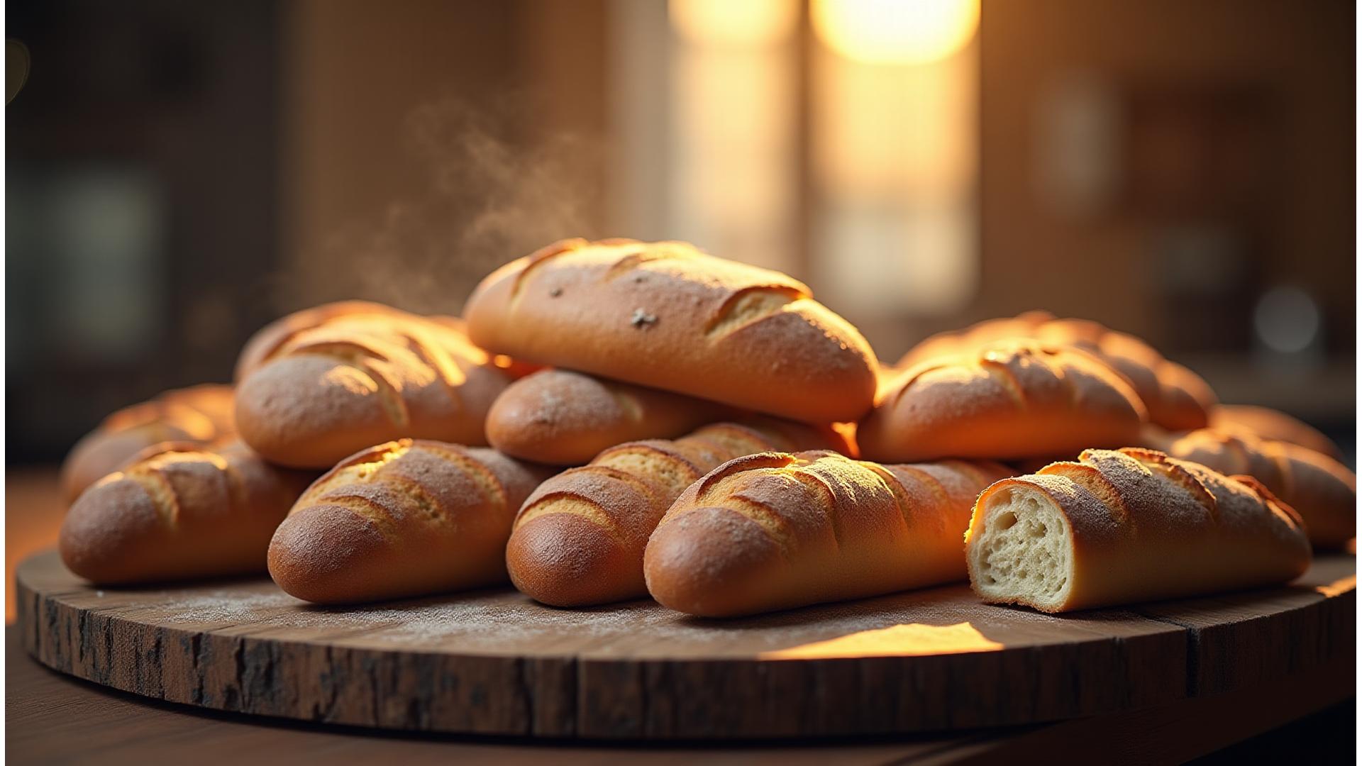 Freshly baked artisan loaves with golden crusts on a wooden board, steam gently rising