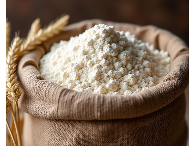 A large hessian sack of organic flour with ears of wheat