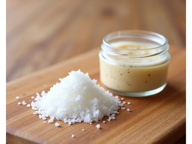 Close up of artisanal sea salt flakes and a vibrant sourdough starter