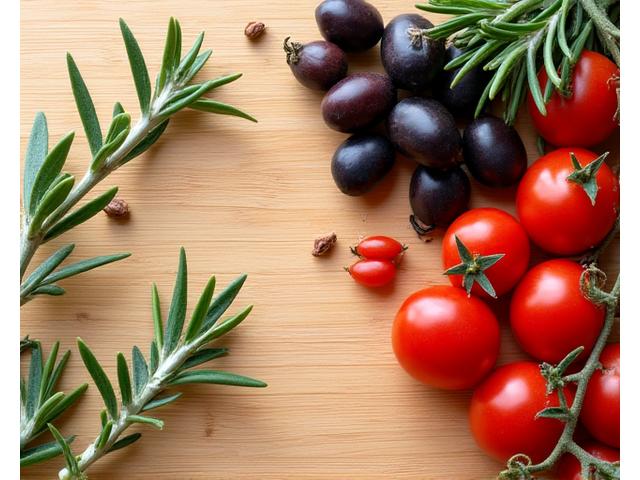 Arrangement of fresh rosemary, olives, and cherry tomatoes on a wooden cutting board