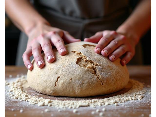 Hands making sourdough in a baking class, showing the texture of the dough, illuminated by soft studio lights.