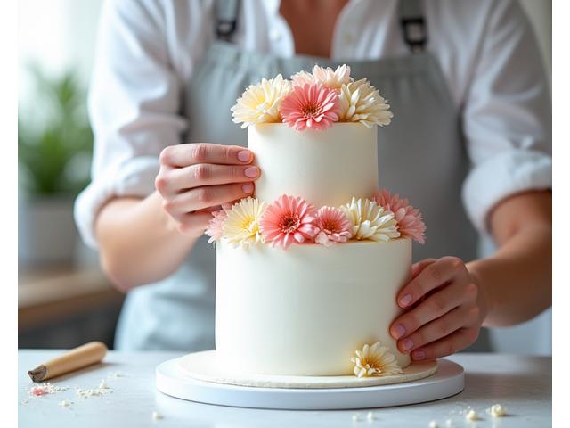 A student meticulously decorating a cake with intricate sugar flowers in a cake decoration workshop.