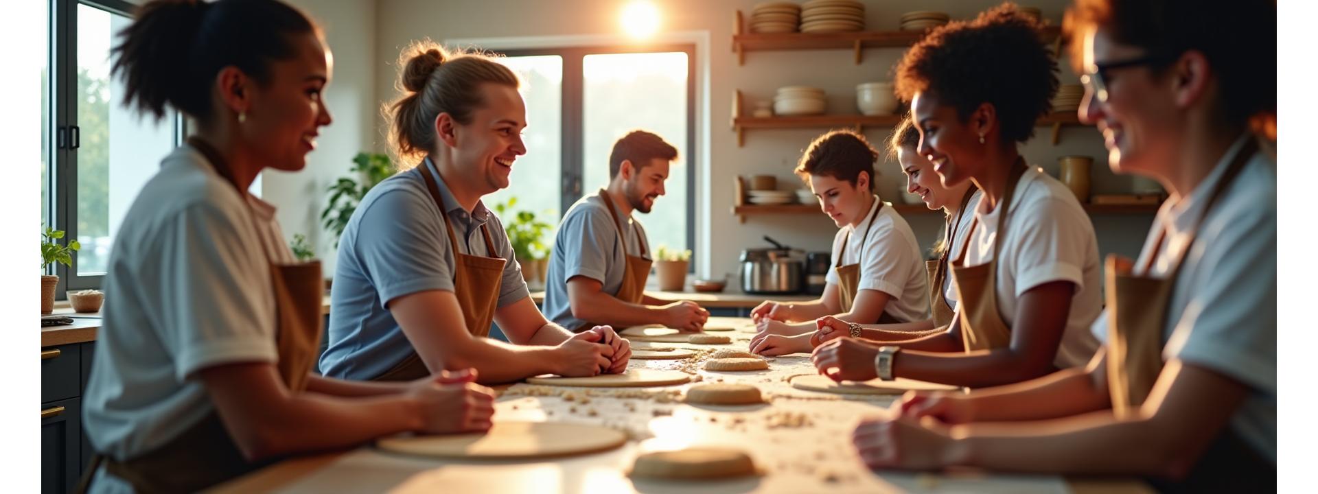 Students actively engaged in a hands-on artisan bread baking class at Flourish & Crumb, with a master baker guiding them and warm, inviting lighting.