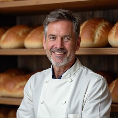 Portrait of Chef Mark Jenkins, a professional bread baker with a focused and friendly expression, standing amidst loaves of artisan bread.
