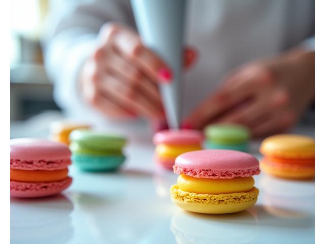 Delicate French macarons being piped in a professional patisserie class, colorful and precise.
