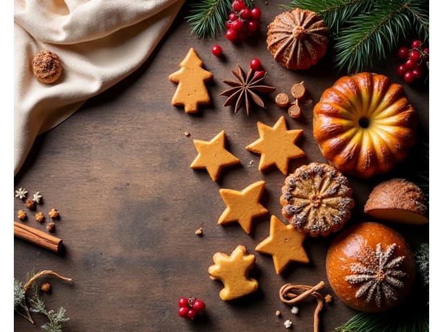 A festive assortment of holiday baked goods, such as spiced gingerbread and fruit mince pies, ready for display.