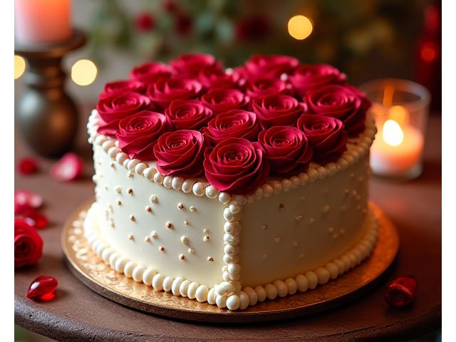 Romantic anniversary cake adorned with red roses and a heart motif.