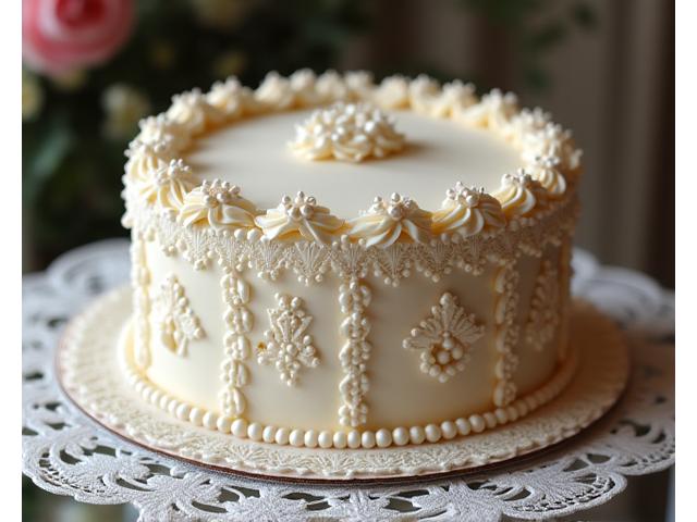 Vintage-inspired lace and pearl anniversary cake.
