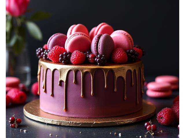 Elegant adult birthday cake with sophisticated gold drip and fresh macaroons.