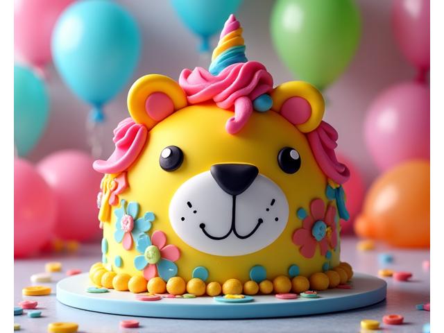 Playful children's birthday cake shaped like a rainbow unicorn, brightly colored.