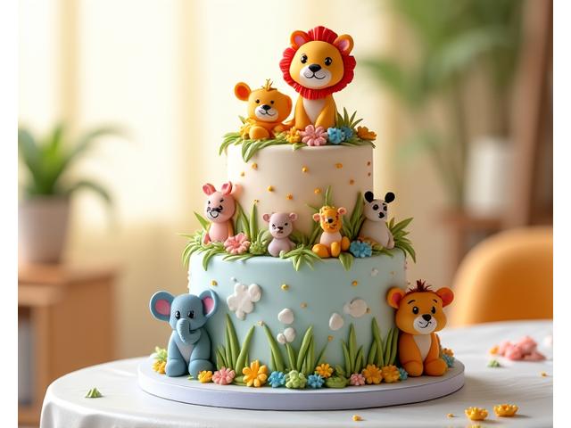 Children's animal-themed birthday cake with fondant animal figures.