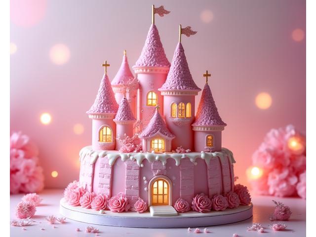 Fairytale castle cake with turrets and sparkling details for a young child.