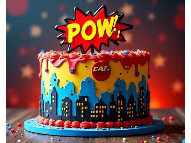 Superhero-themed children's cake with comic book style elements.