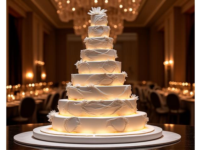 Large corporate event cake for a gala, multi-tiered and sophisticated.
