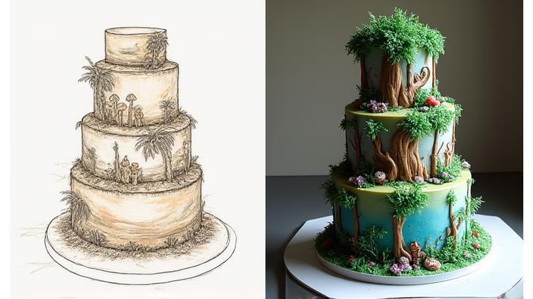 Sketch showing the initial design concept and final design refinement for the Enchanted Forest Cake with comparison.