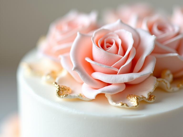 Close-up detail shot of the delicate blush sugar roses and gold leaf on the wedding cake.