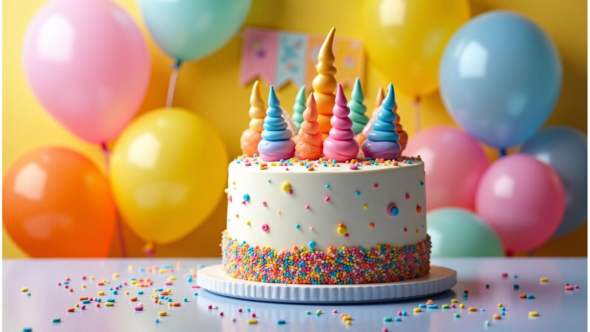 Vibrant, whimsical children's birthday cake with colorful sprinkles and a playful theme, set against a blurred celebratory background.