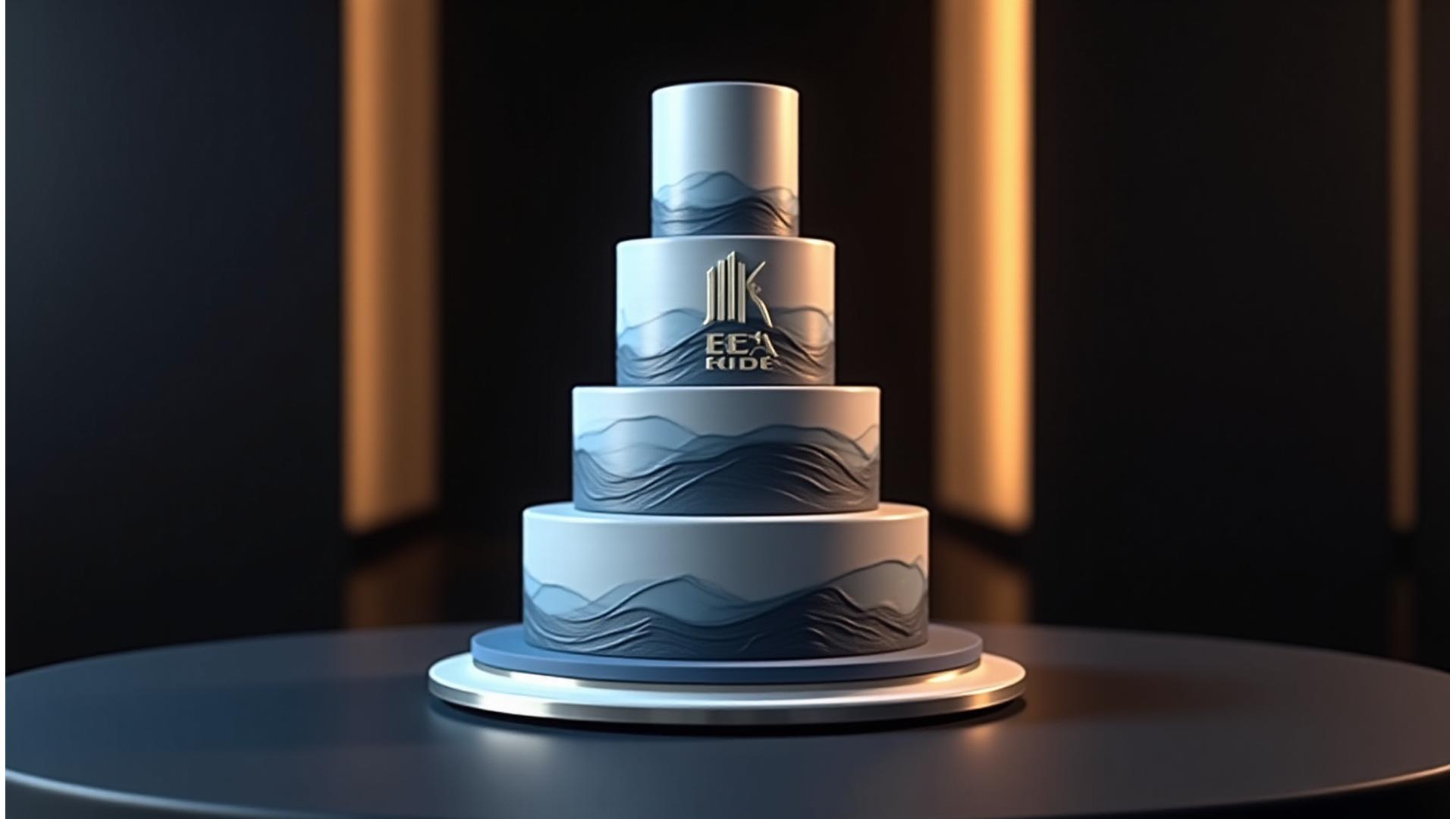 Sophisticated corporate event cake featuring a subtle company logo and elegant design, on a sleek display table.