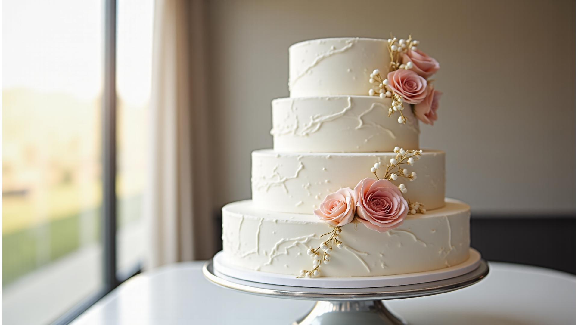 Elegant multi-tiered white wedding cake with delicate floral accents, in a bright, airy setting.