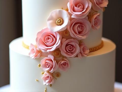 Elegant three-tier wedding cake adorned with blush pink sugar roses and gold leaf accents.