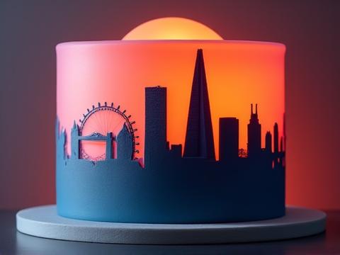 A sleek corporate cake featuring the London skyline silhouette against a sunset orange backdrop.