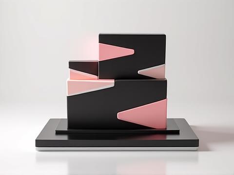 A striking modern corporate cake with sharp geometric angles and color blocking.