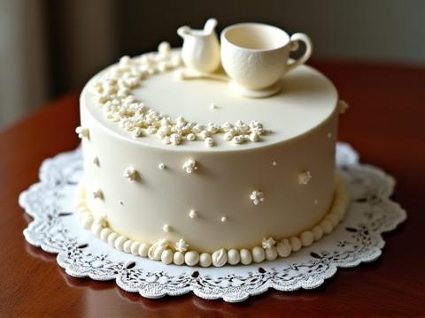 A vintage-inspired cake adorned with delicate lace patterns, edible pearls, and a teacup motif.