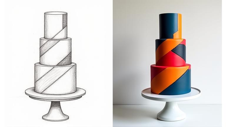 Comparison shot of the initial design sketch side-by-side with the finished geometric corporate cake.