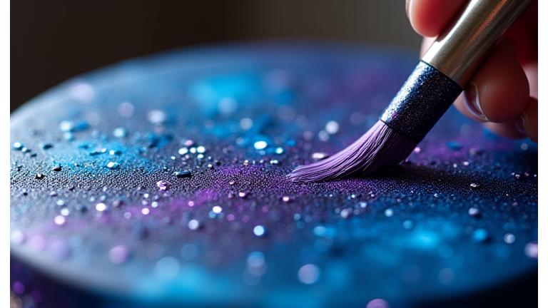 Time-lapse video still of the galaxy swirl decorating process on the cake.