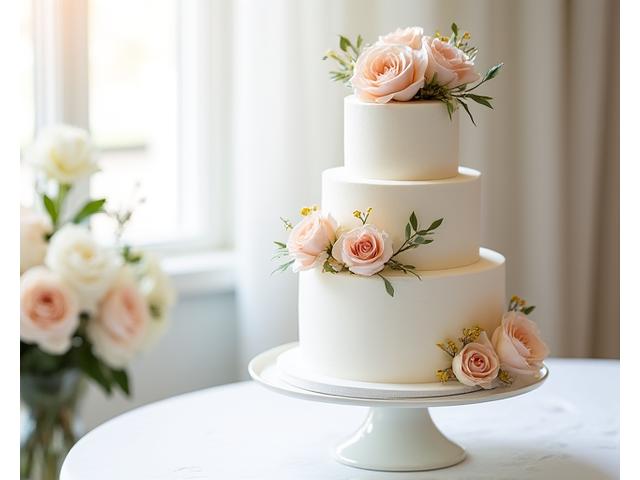 Classic elegant multi-tiered white wedding cake with fresh roses and gold accents.