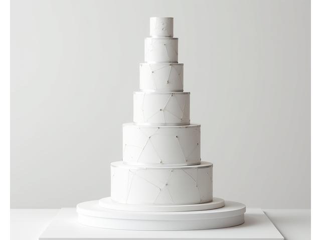 Modern minimalist wedding cake with geometric patterns and subtle metallic details.
