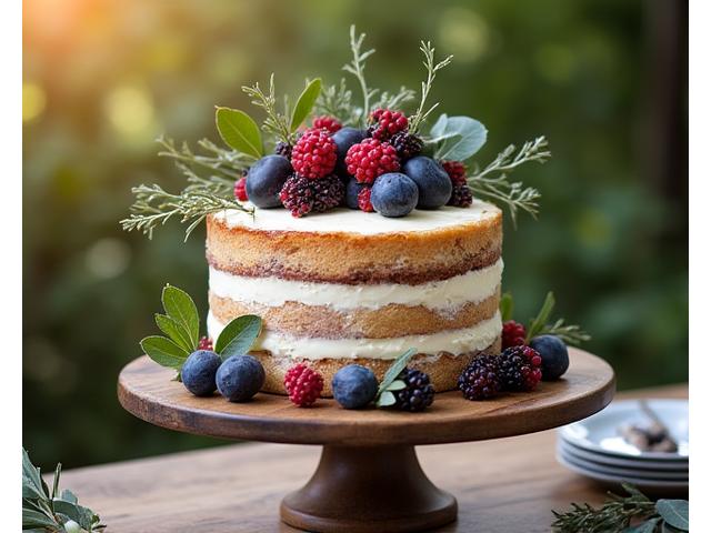 Rustic semi-naked wedding cake decorated with berries, figs, and greenery, perfect for a natural theme.