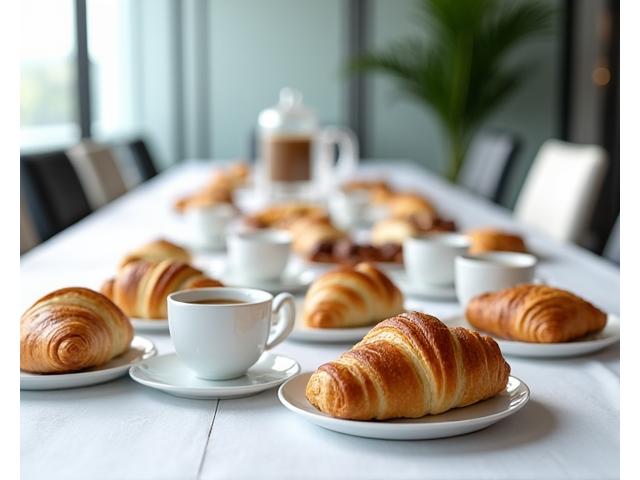 Elegant spread of Flourish & Crumb pastries and coffee setup for a corporate breakfast meeting.