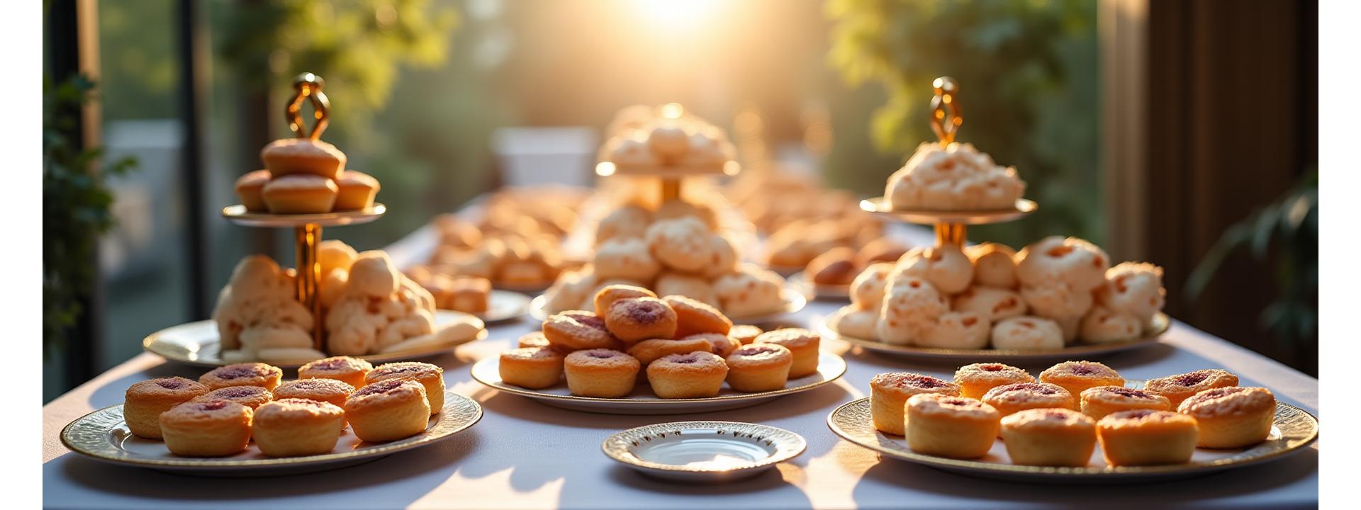 Elegant catering display with Flourish & Crumb's artisan pastries and breads set up for an event, soft lighting emphasizing warmth and luxury.