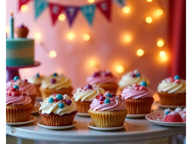 A beautifully arranged dessert table for a private birthday party, featuring various small cakes and tarts.