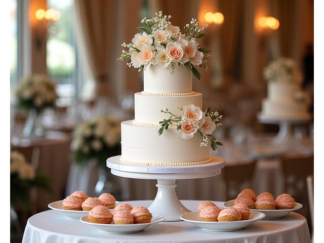 A tiered wedding cake adorned with fresh flowers, surrounded by Flourish & Crumb's mini patisserie items.
