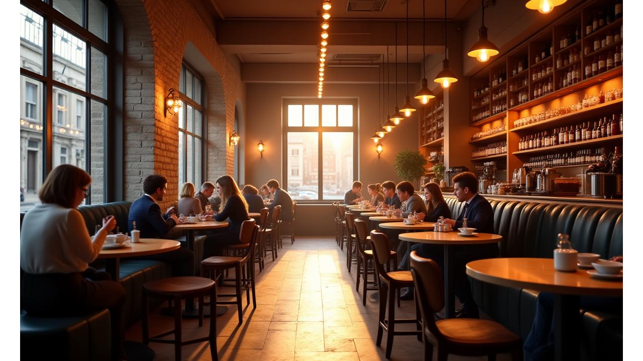 Warm, inviting interior of Flourish & Crumb coffee bar in Piccadilly, London with comfortable seating and soft lighting