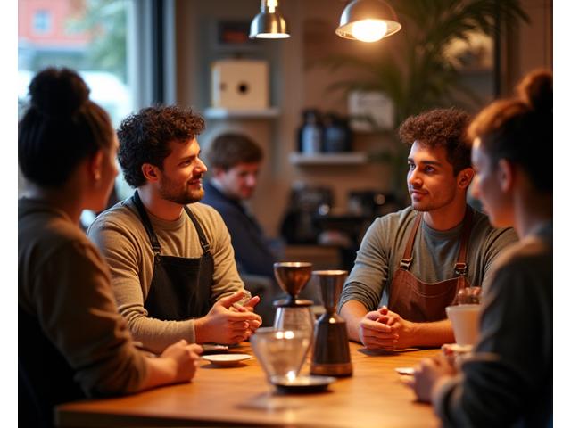 People gathered around a table participating in a coffee brewing workshop in a cozy cafe