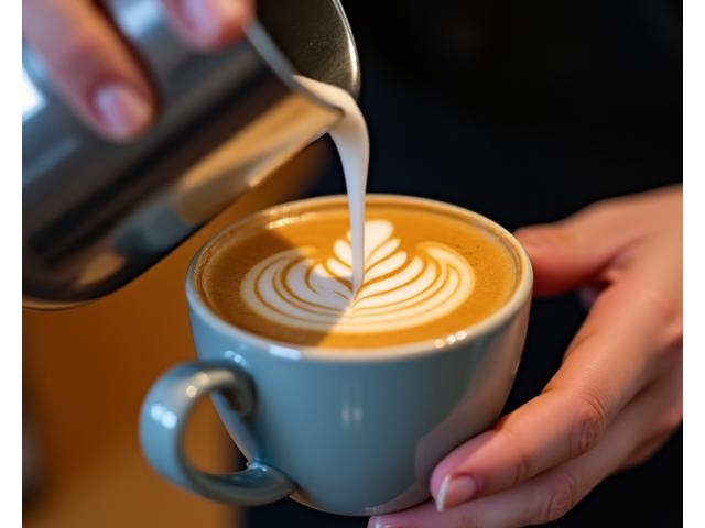 Barista expertly pouring latte art into a coffee cup