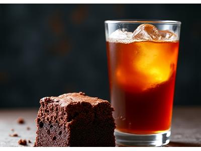 Rich chocolate brownie next to a glass of cold brew coffee