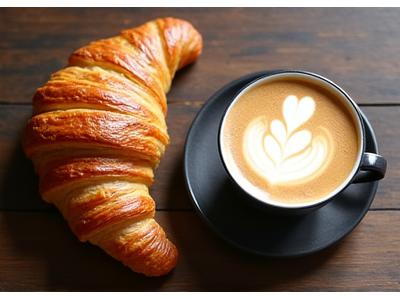 Flaky croissant and a beautifully crafted latte on a wooden table